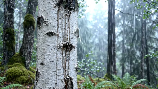 The smooth pale bark of a silver birch in rain (1)
