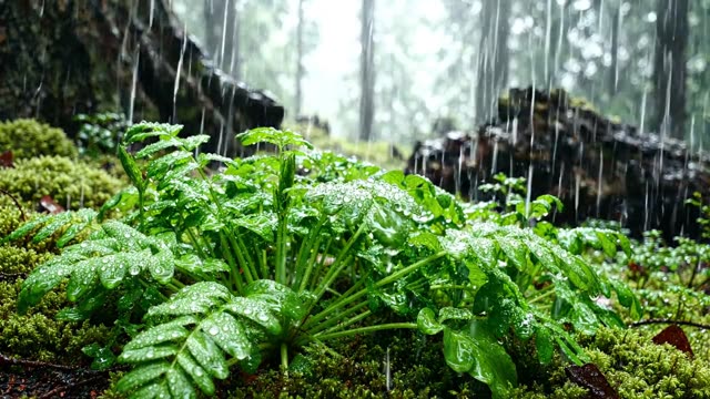 Rain on a colony of large bitter-cress in wet forest
