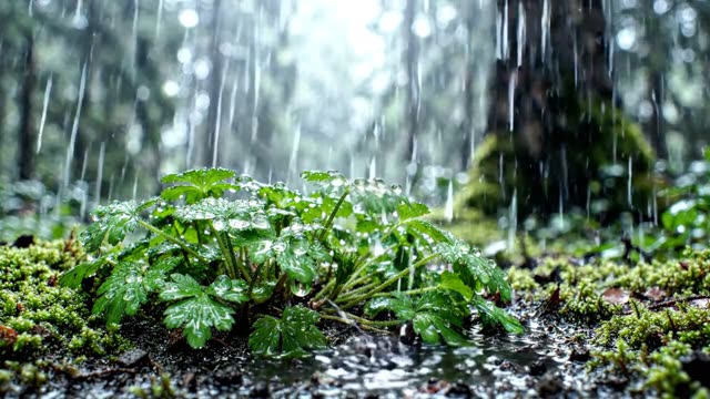 Rain on a patch of hairy bittercress in forest soil
