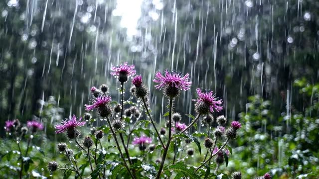 Rain on a stand of black knapweed in a forest glade