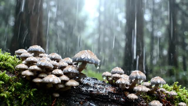 A colony of bonnet mushrooms on a dark forest log