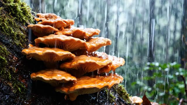 Orange and gold bracket fungus sheeting with rain (2)