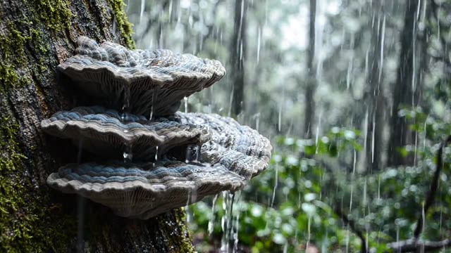 Rain on the corrugated surface of bracket fungus in detail