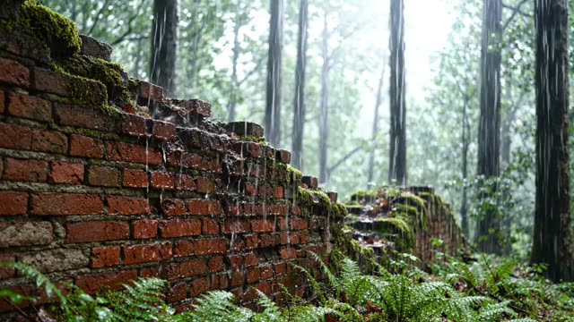 A crumbling red brick wall lost in forest undergrowth