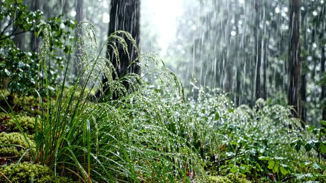 Rain on a stand of pendulous brome grass in forest margin