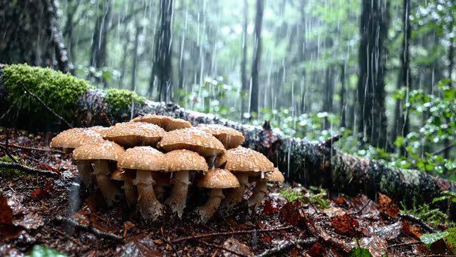 A cluster of butter cap mushrooms in deep beech litter