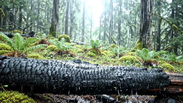 Rain on the dark scored surface of a charred log