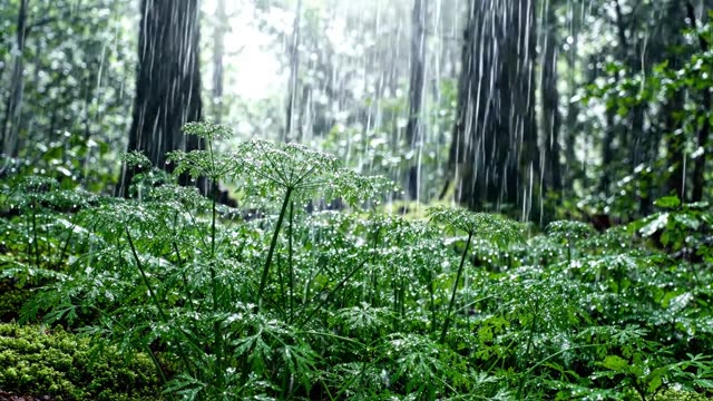 Rain on a colony of rough chervil in a forest clearing