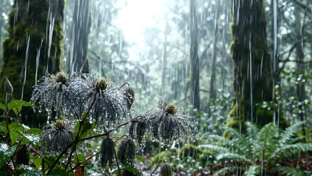 Old man's beard clematis seed heads in rain