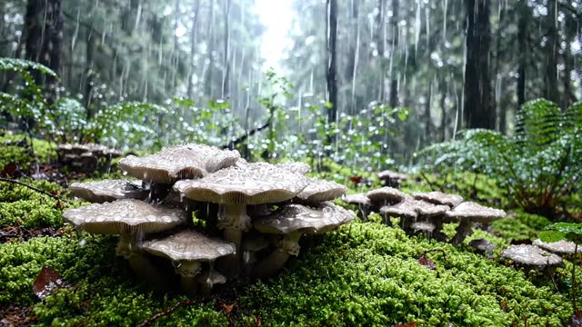A colony of clouded agaric in deep forest grass in rain