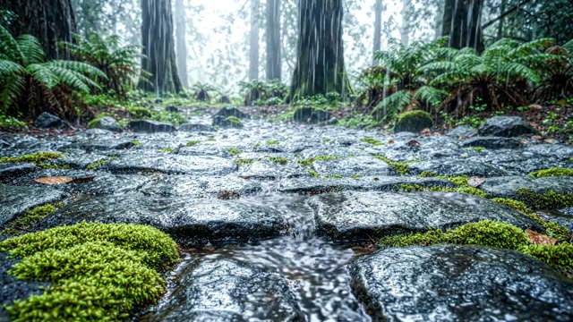 Worn cobblestones in a forest clearing