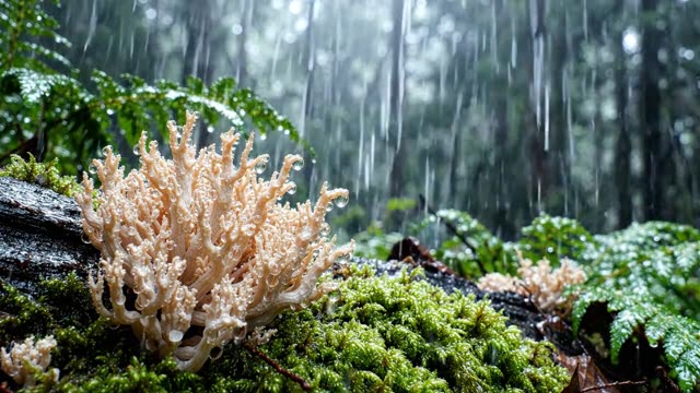 A dense colony of coral fungi in rain