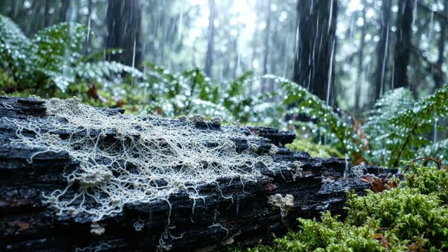 Cobweb of white mycelium threads in dark decaying wood