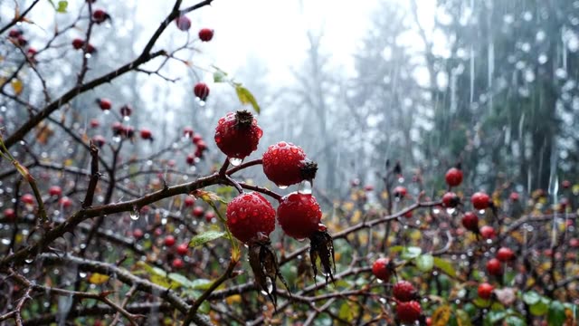 Rain on a thicket of dog rose stems with last season's hips