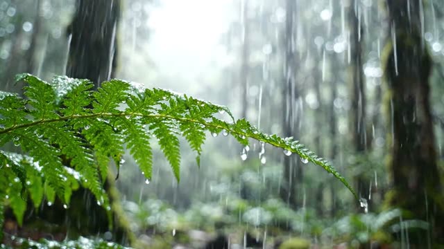 The serrated edge of a fern frond with drops