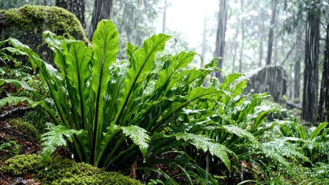 Rain on overlapping layers of hart's tongue ferns
