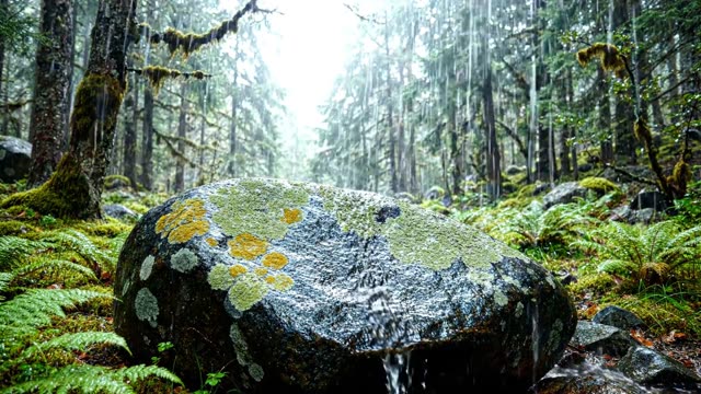 Rain on the surface of an erratic boulder in a forest glade