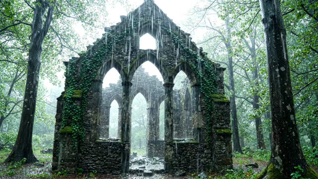A stone forest chapel ruin surrounded by tall trees in rain