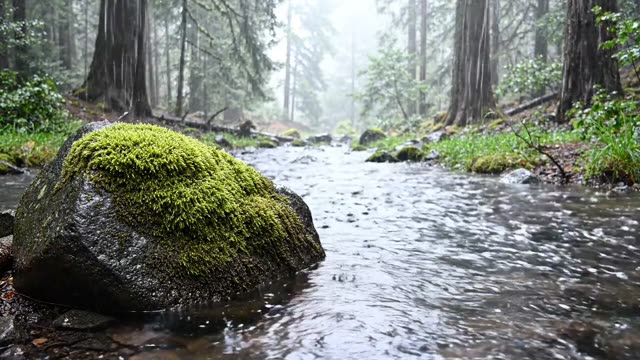 A slow forest backwater eddy behind a mossy boulder