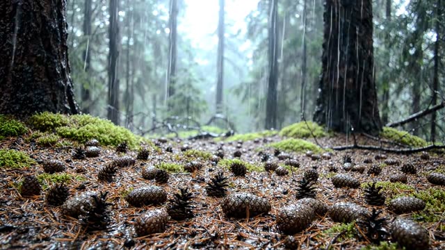 Rain on a dark forest floor of pure pine needles and cones