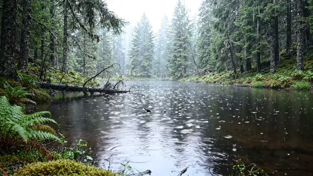 Rain on the mirror surface of a forest oxbow