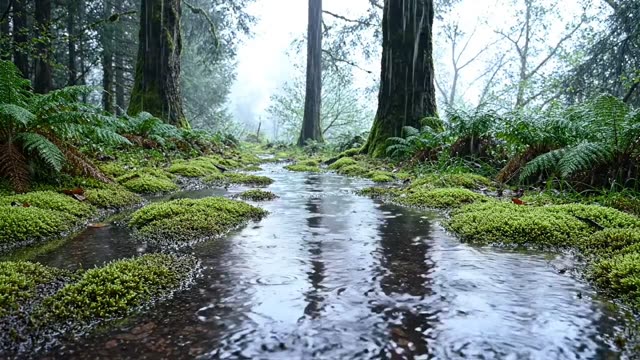 A flooded mossy path with sky reflected in puddles