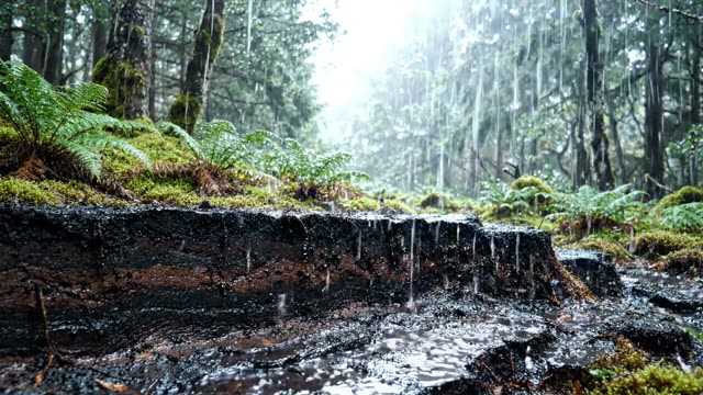 A dark exposed peat cutting in a forest margin in rain