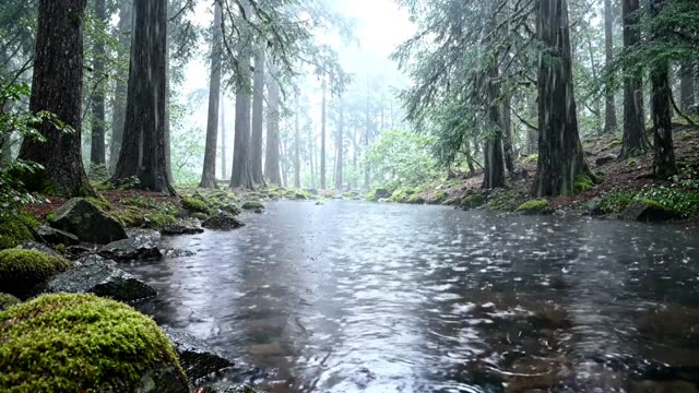 A heavy rainstorm beginning on a still forest pond