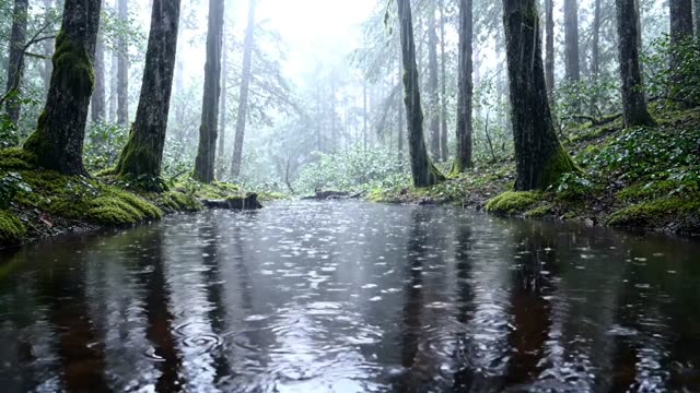 A dark mirror pool deep in an old forest hollow