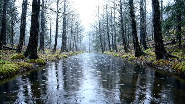 A long narrow pool reflecting bare winter trees in rain (2)
