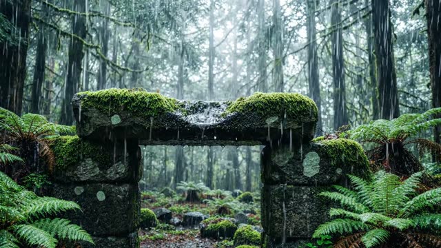 A mossy stone lintel over a dark doorway in a forest ruin