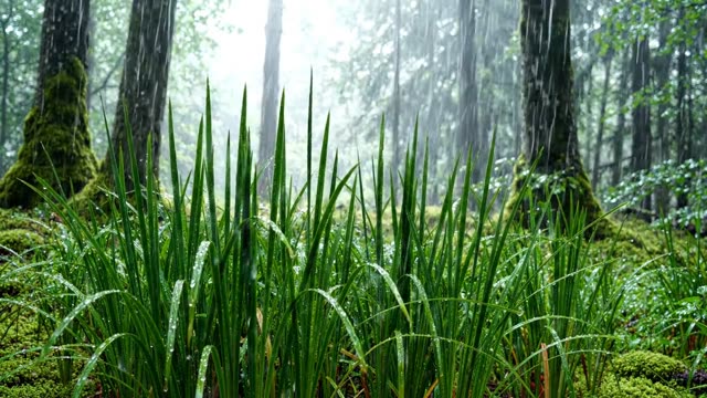 A dense stand of rushes in a forest clearing in rain