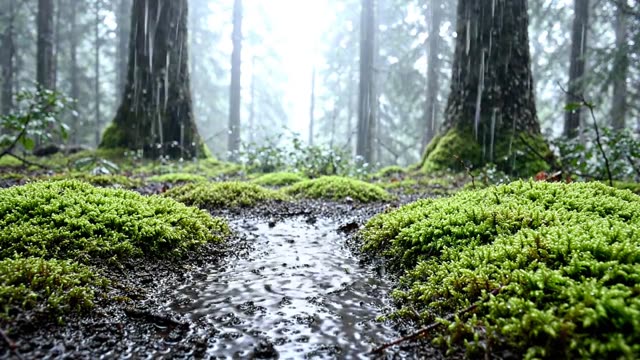 Water drops threading between grains of dark forest soil
