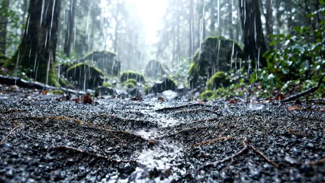 The dark wet surface of forest soil between moss islands