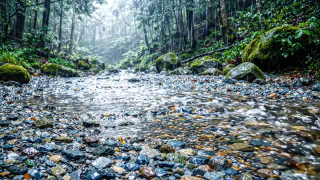 Rain on a slow forest stream over multicoloured pebbles