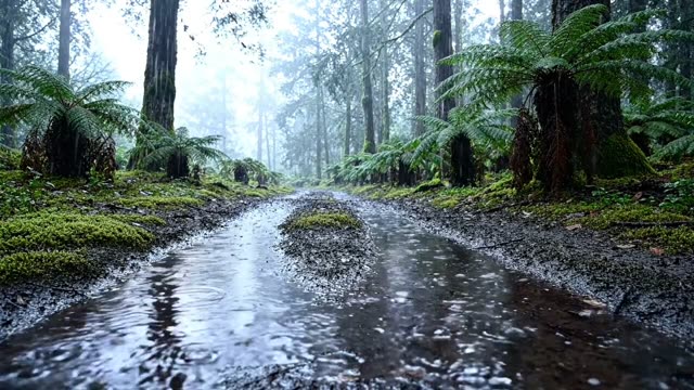 Dark wet forest track with sky reflected in ruts