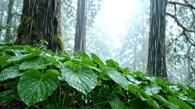 Rain on a colony of tutsan at the forest edge