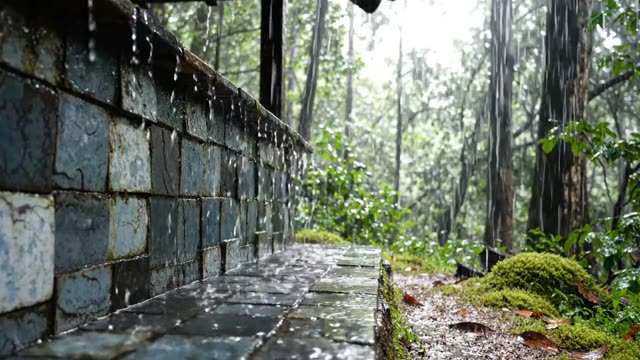 Rain on a section of old tile-hung forest building wall