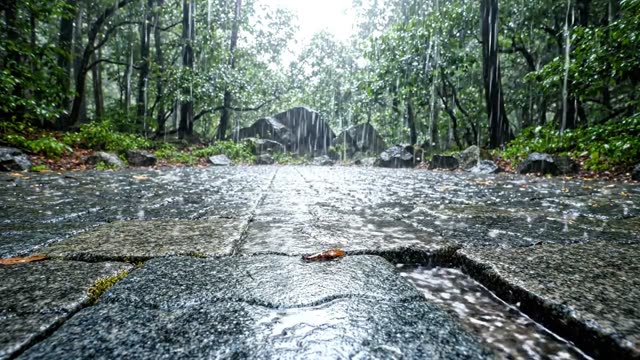 Rain on interlocking granite sett stones in a forest clearing