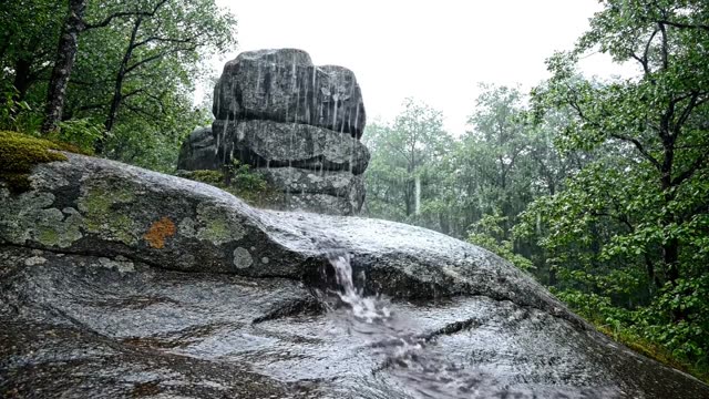 Rain on a section of granite tor visible above forest canopy