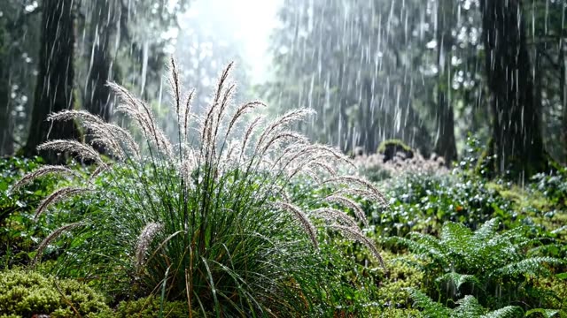 Rain on a bank of clumping grasses at the forest edge