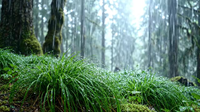 Rain on a clump of tufted hair grass in a forest clearing