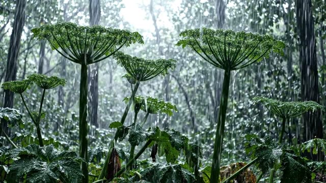 A stand of giant hogweed stems in heavy rain