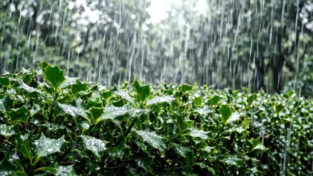 An old holly hedge glistening in heavy rain