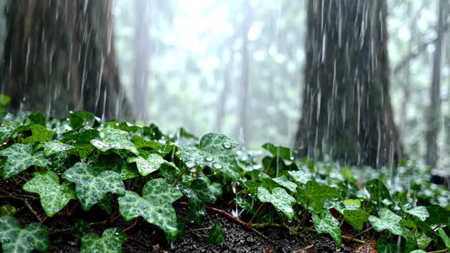 Rain on a bank of ground ivy leaves