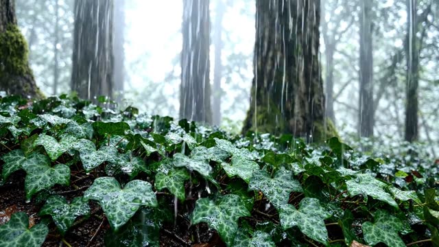 Rain on a dense colony of ivy covering a dark forest floor