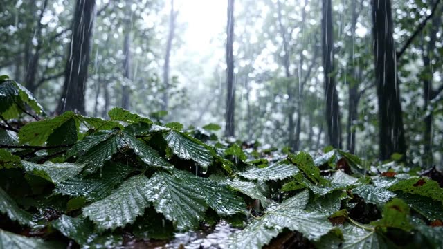 Rain on the layered surface of hornbeam leaf litter