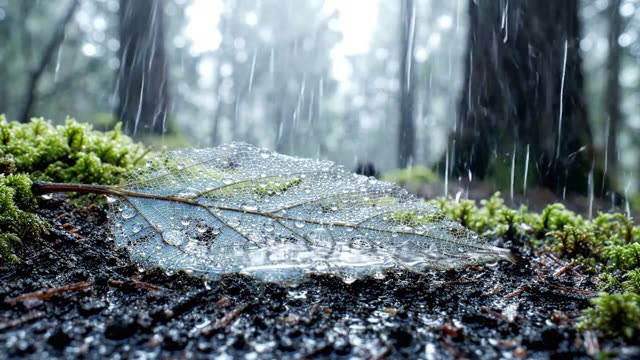 A fallen leaf skeleton on dark wet soil