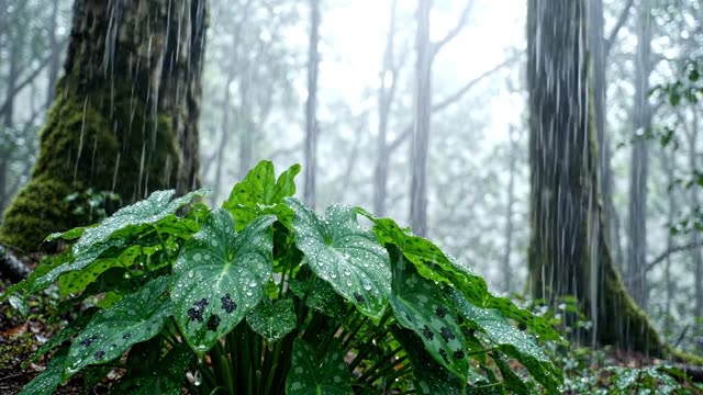 A clump of lords-and-ladies leaves in rain