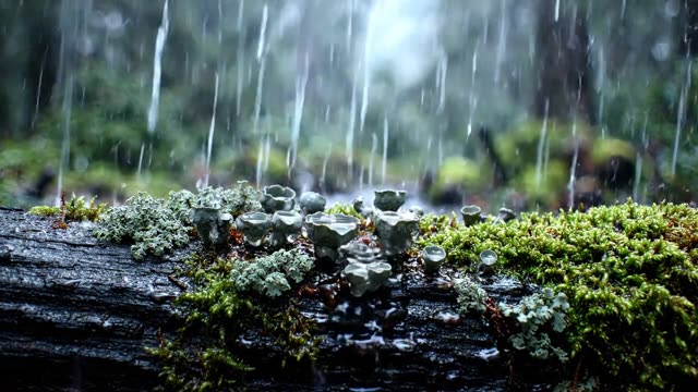 A spread of pixie cup lichen on a dark log in rain